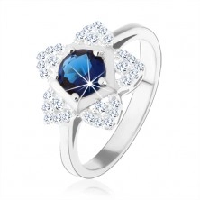 Zásnubní prsten, stříbro 925, blyštivý kvítek, kulatý modrý zirkon