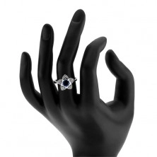 Zásnubní prsten, stříbro 925, blyštivý kvítek, kulatý modrý zirkon