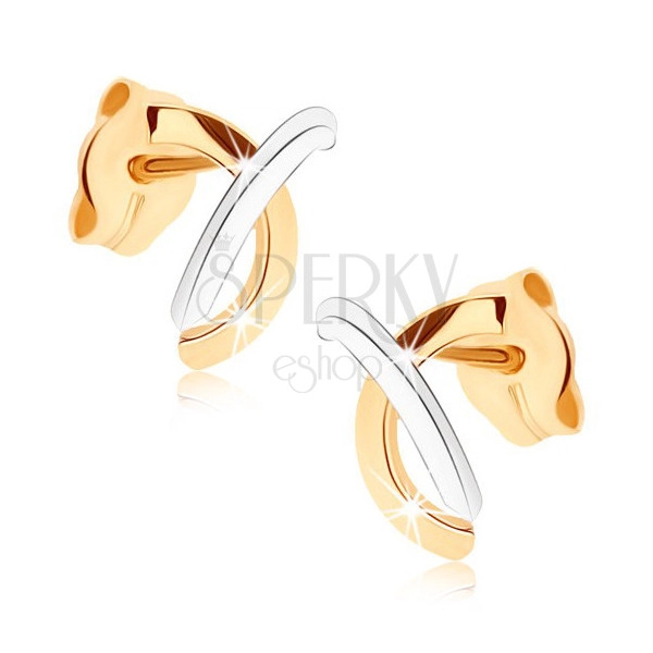 Zlaté náušnice 375 - lesklé překřížené obloučky ve dvou odstínech