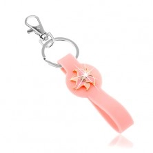 Přívěsek na klíče, silikonová část růžové barvy, blyštivý květ