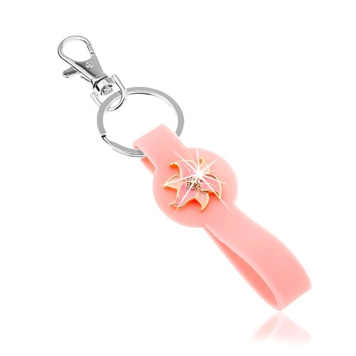 Levně Přívěsek na klíče, silikonová část růžové barvy, blyštivý květ