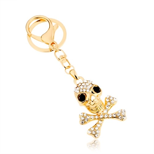 Přívěsek na klíče, zlatý odstín, lebka s překříženými kostmi, zirkony