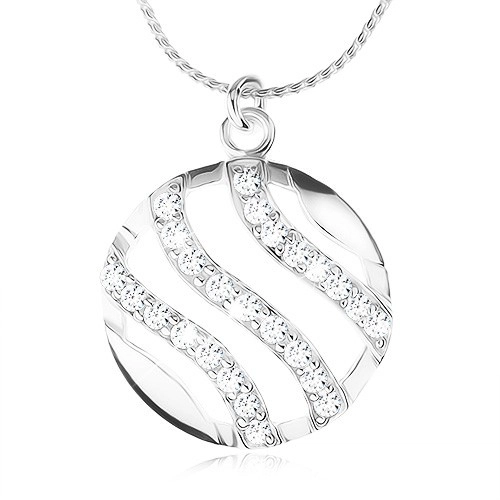 Stříbrný náhrdelník 925, řetízek a kulatý přívěsek, vlnky vykládané zirkony