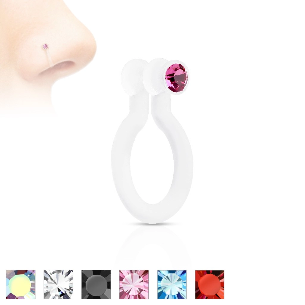 Fake piercing do nosu z Bioflexu, třpytivý zirkonek, různé barvy - Barva zirkonu: Čirá - C