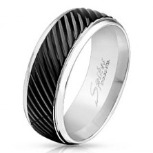 Prsten z oceli 316L stříbrné barvy, černý pás se šikmými zářezy, 8 mm