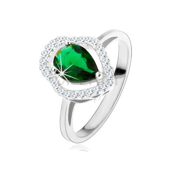 Stříbrný prsten 925, zelená zirkonová kapka, čirý blyštivý obrys