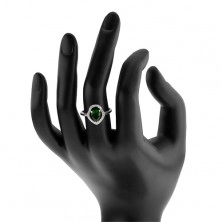 Stříbrný prsten 925, zelená zirkonová kapka, čirý blyštivý obrys