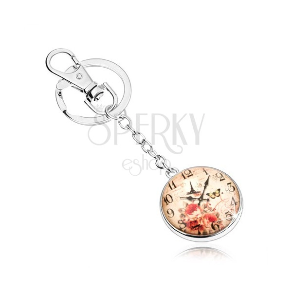 Přívěsek na klíče - cabochon, hodinky, Eiffelova věž, motýl, červené růže
