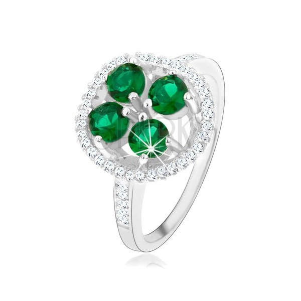 Zásnubní stříbrný prsten 925, kruhový blyštivý květ, zelené zirkony