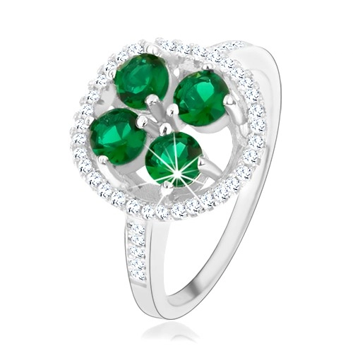 Zásnubní stříbrný prsten 925, kruhový blyštivý květ, zelené zirkony - Velikost: 53