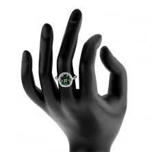 Zásnubní stříbrný prsten 925, kruhový blyštivý květ, zelené zirkony