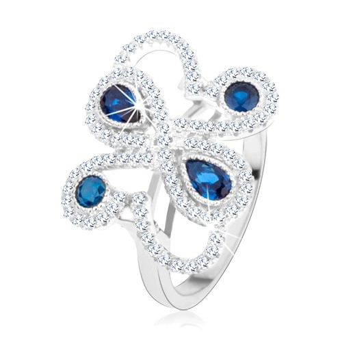 Stříbrný 925 prsten, třpytivé ornamenty, tmavomodré zirkony - Velikost: 55