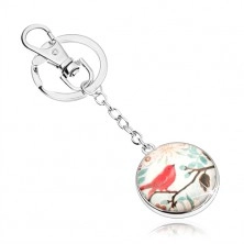 Cabochon klíčenka, kruh se sklem, červený ptáček na větvi s lístky, květy