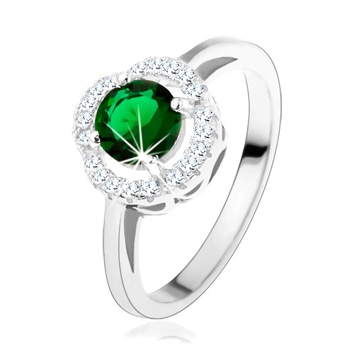 Zásnubní prsten, kulatý zelený zirkon, zvlněný lem čiré barvy, stříbro 925 - Velikost: 57