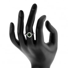 Zásnubní prsten, kulatý zelený zirkon, zvlněný lem čiré barvy, stříbro 925