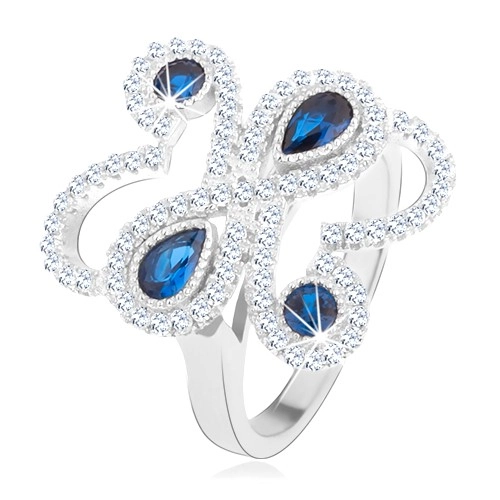 Prsten ze stříbra 925, blyštivé zvlněné linie, modré zirkony - Velikost: 55