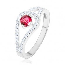 Stříbrný prsten 925, rozdvojená třpytivá ramena, růžový zirkon