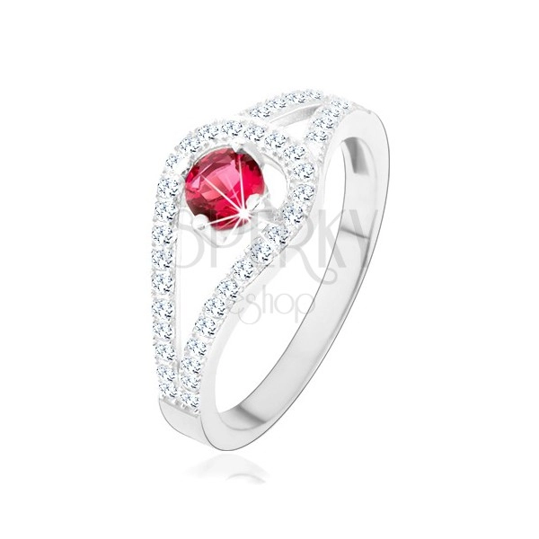 Stříbrný prsten 925, rozdvojená třpytivá ramena, růžový zirkon