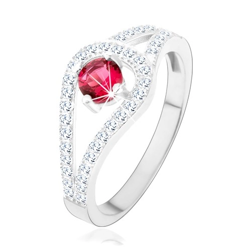 Stříbrný prsten 925, rozdvojená třpytivá ramena, růžový zirkon - Velikost: 55