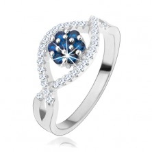Prsten ze stříbra 925, zvlněné zirkonové linie, blyštivý květ z modrých zirkonů