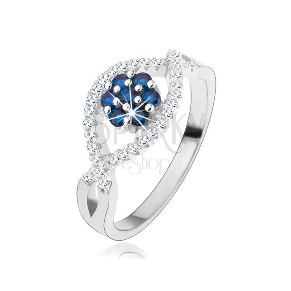 Prsten ze stříbra 925, zvlněné zirkonové linie, blyštivý květ z modrých zirkonů