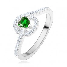 Zásnubní stříbrný prsten 925, zelené zirkonové srdíčko, třpytivé linie