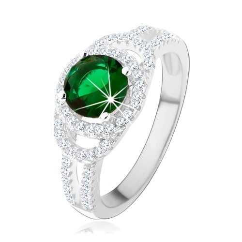 Prsten ze stříbra 925, dvojitá třpytivá kontura, zelený kulatý zirkon - Velikost: 59