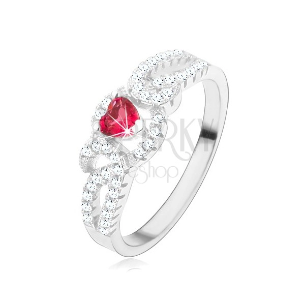 Stříbrný prsten 925, zatočené zirkonové linie, červený srdcovitý zirkon