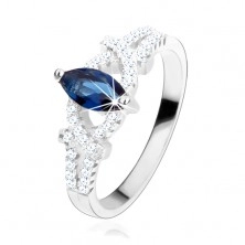 Zásnubní prsten, stříbro 925, zrnko z tmavě modrého zirkonu, třpytivé oblouky