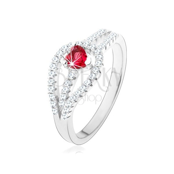 Stříbrný prsten 925, rozdvojená zirkonová ramena, červené srdíčko