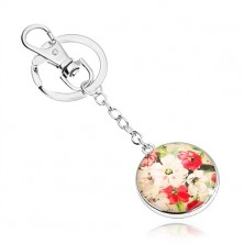 Přívěsek na klíče ve stylu kabošon, vypouklé sklo, bílé a červené květy