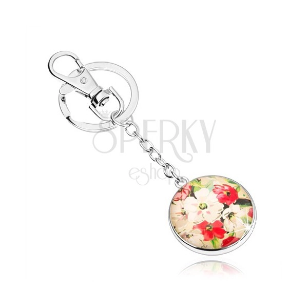 Přívěsek na klíče ve stylu kabošon, vypouklé sklo, bílé a červené květy