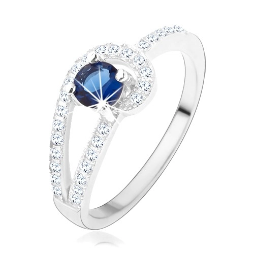 Stříbrný prsten 925, třpytivé linie čiré barvy, kulatý modrý zirkon - Velikost: 52