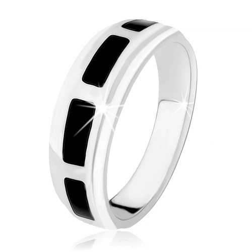 Prsten ze stříbra 925, obdélníky v černém barevném provedení, vysoký lesk - Velikost: 51