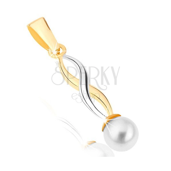 Zlatý přívěsek 375 - lesklé dvoubarevné vlnky, kulatá perla bílé barvy