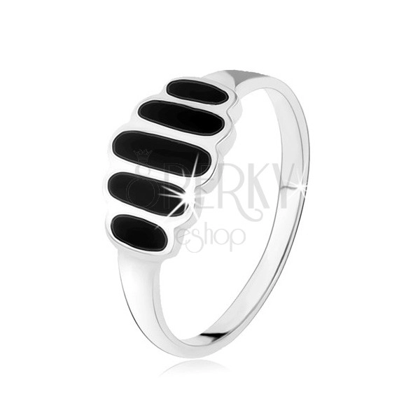 Stříbrný 925 prsten, hladké černé ovály, hladká ramena, vysoký lesk