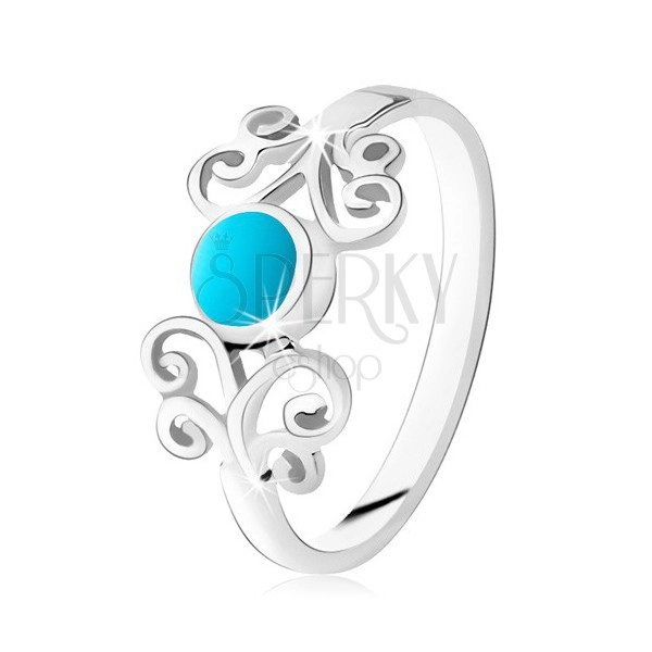 Stříbrný prsten 925, kroužek tyrkysové barvy, lesklé ornamenty, úzká ramena
