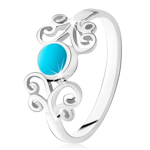 Stříbrný prsten 925, kroužek tyrkysové barvy, lesklé ornamenty, úzká ramena - Velikost: 60