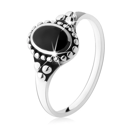 Patinovaný prsten ze stříbra 925, černý ovál, kuličky, vysoký lesk - Velikost: 64