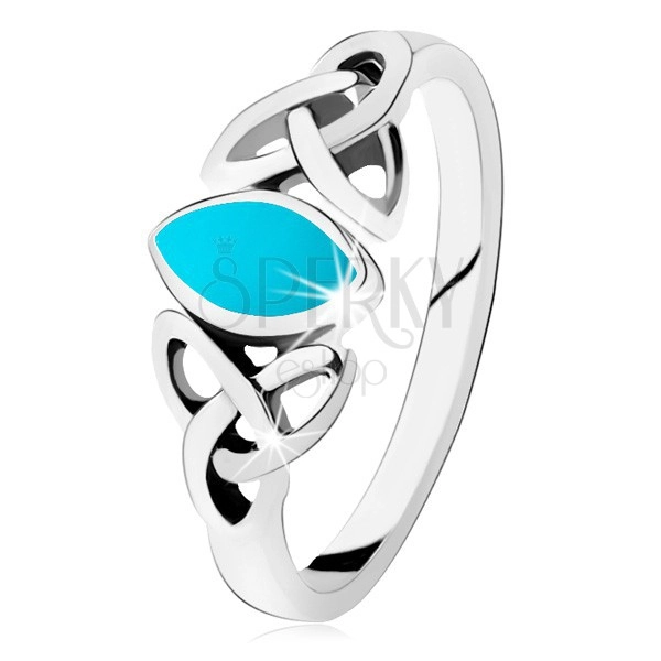 Stříbrný 925 prsten, zrnko v tyrkysové barvě, keltský symbol Triquetra
