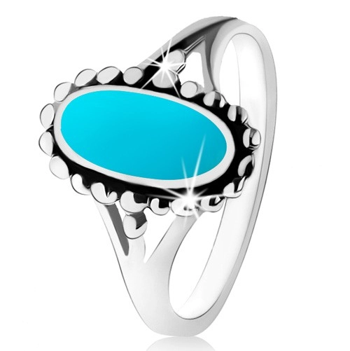 Stříbrný prsten 925, ovál v tyrkysovém odstínu, kontura z kuliček, rozdělená ramena - Velikost: 59