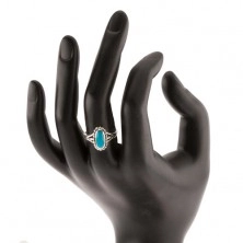 Stříbrný prsten 925, ovál v tyrkysovém odstínu, kontura z kuliček, rozdělená ramena