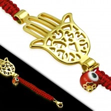 Pletený červený náramek s ocelovým přívěskem zlaté barvy - ruka Fatimy
