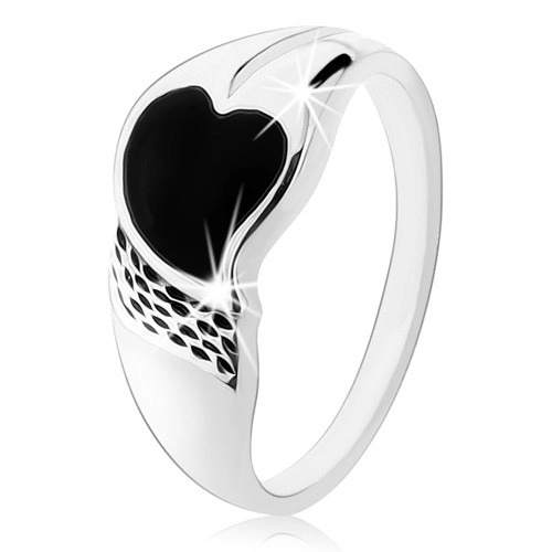Prsten ze stříbra 925, asymetrické srdíčko s černým flitrem, drobné zářezy - Velikost: 54