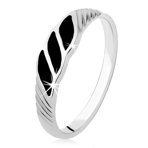 Stříbrný prsten 925, tři černé hladké vlnky, šikmé rýhy - Velikost: 60