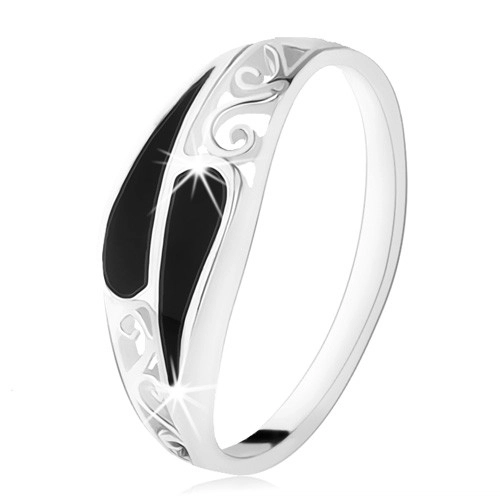 Prsten ze stříbra 925, dvě úzké černé kapky, filigránové zdobení - Velikost: 60
