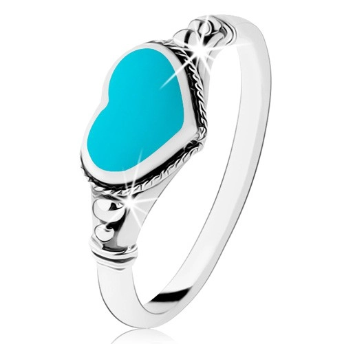 Stříbrný prsten 925, patinovaný, srdíčko v tyrkysové barvě, kuličky - Velikost: 62
