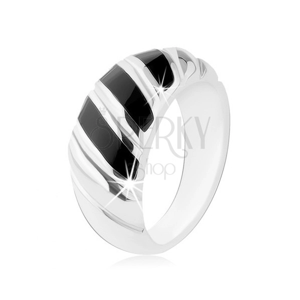 Prsten, stříbro 925, tři šikmé proužky v černé barvě, zářezy