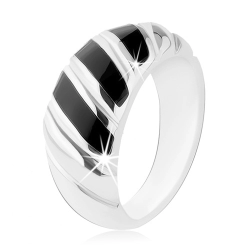 Prsten, stříbro 925, tři šikmé proužky v černé barvě, zářezy - Velikost: 57