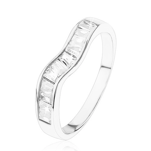 Blýskavý stříbrný prsten 925, zvlněná linie, čiré zirkonové lichoběžníky - Velikost: 49